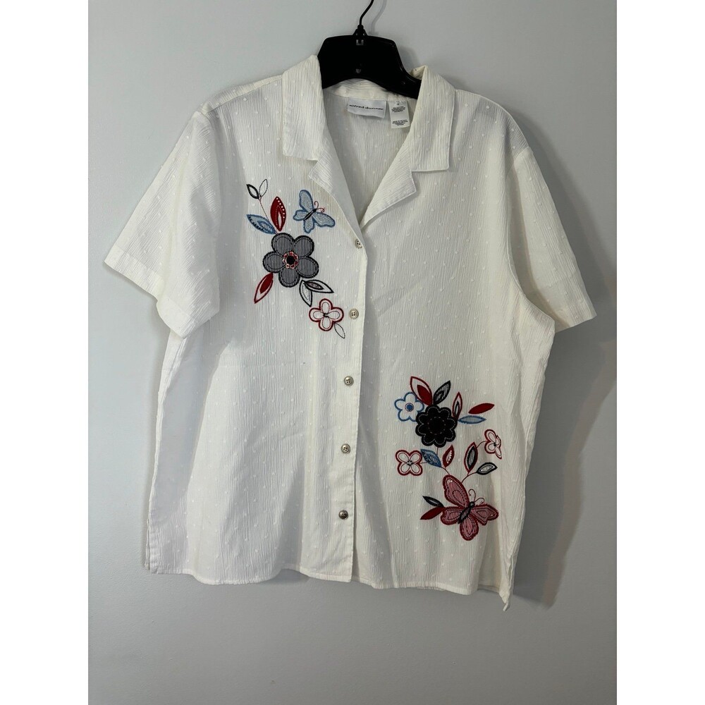 Alfred Dunner Womens White Buttondown Floral Embroidered Collared Blouse size 16